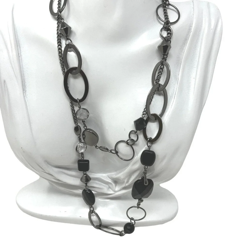 Chain‎ and Beaded Necklace Boho Gunmetal Black and Clear Lucite Beads 36 inch